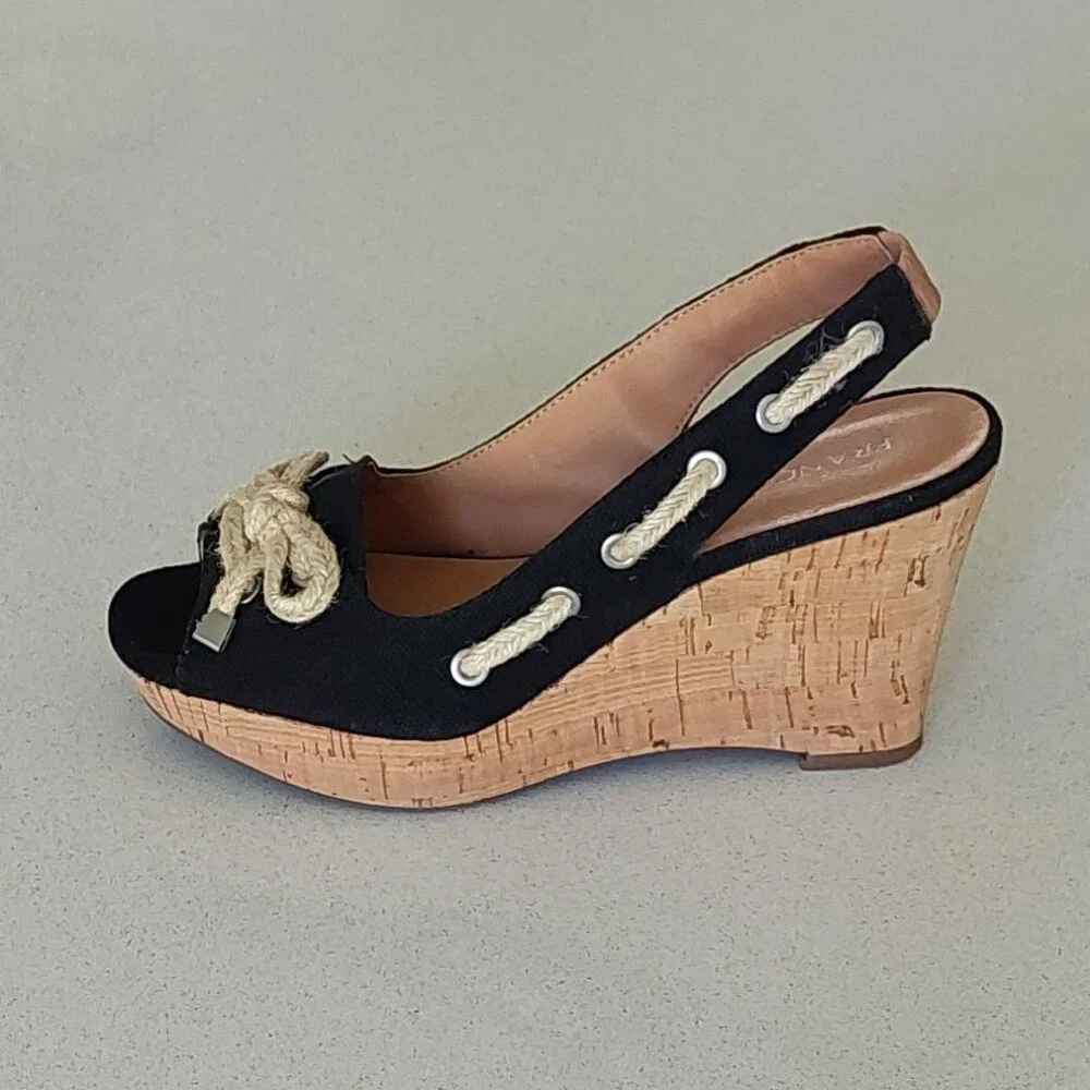 Franco Sarto Black and Cork Rope-Accent Wedge Sandals